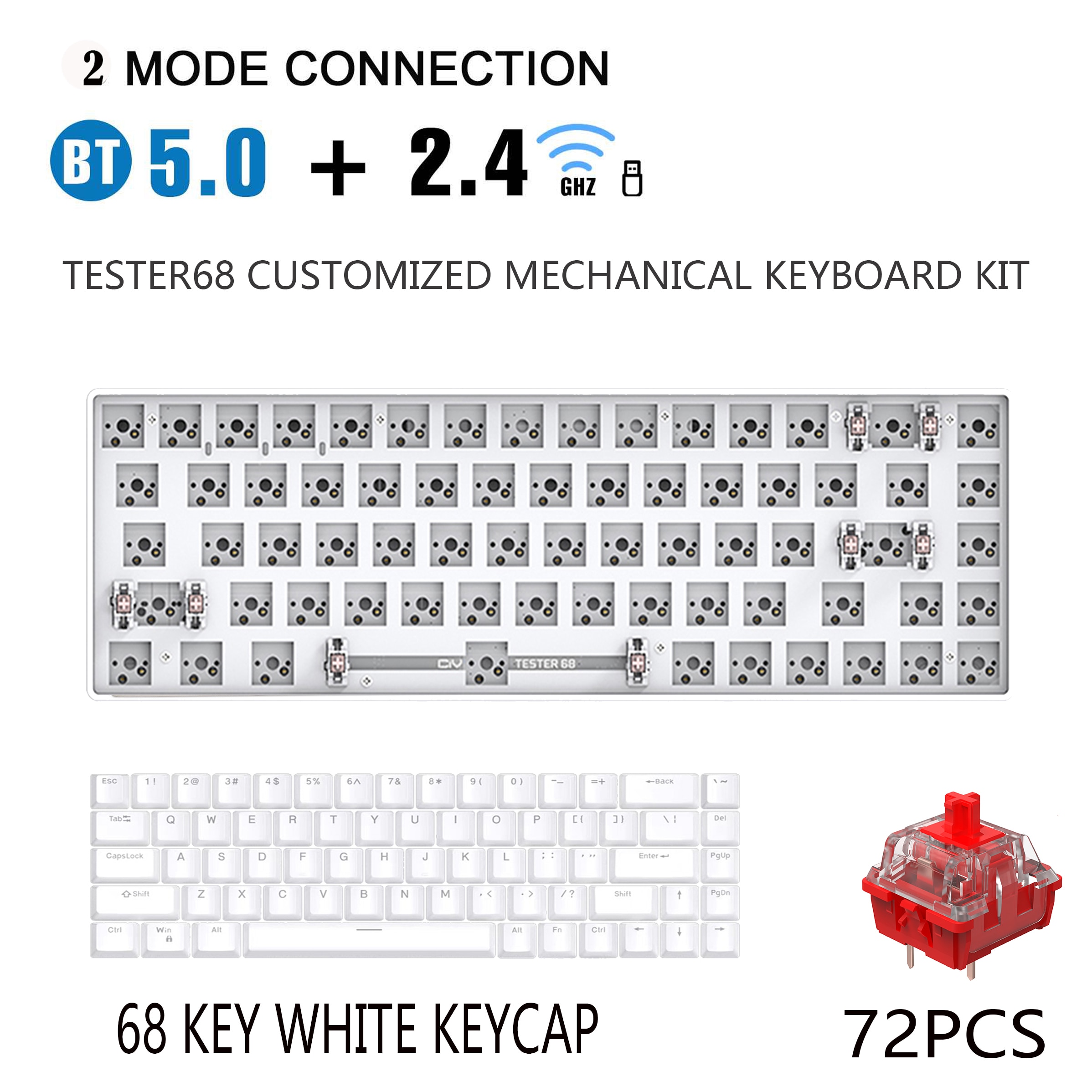 TESTER68 – Kit de clavier mécanique sans fil, Bluetooth 2.4G, 2 modes de jeu, 60%, pour interrupteur 3 broches/5 broches: White.switch.keycap