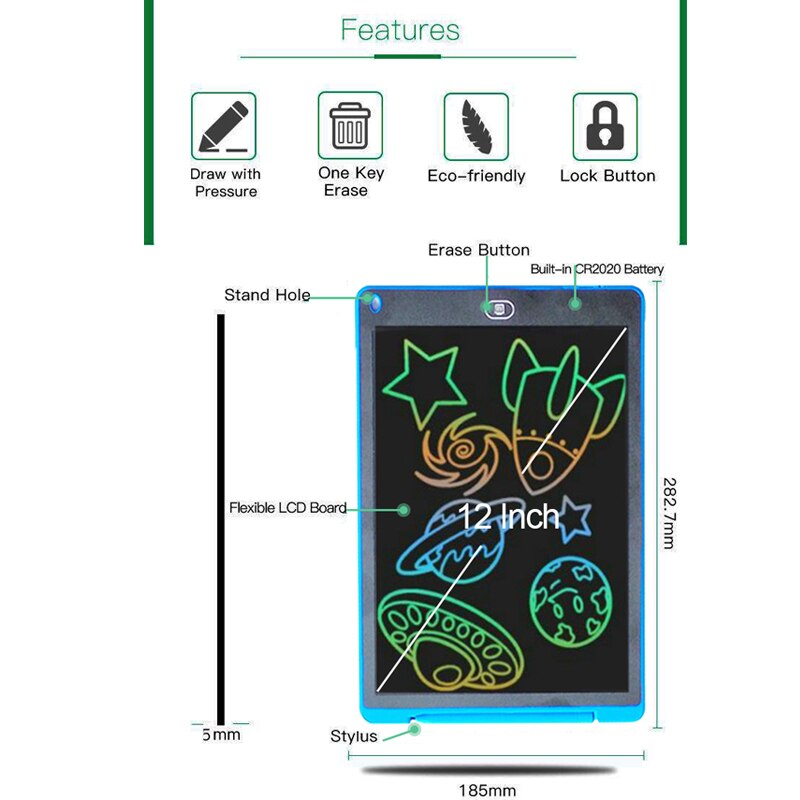 Tablero de escritura inteligente de 12 pulgadas, tableta de dibujo con pantalla LCD, tabletas gráficas digitales, almohadilla de escritura electrónica con bolígrafo