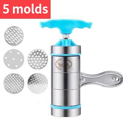 Manual small pasta machine stainless steel pasta press with small noodle strips, machine made of 5 moulds: 5blue