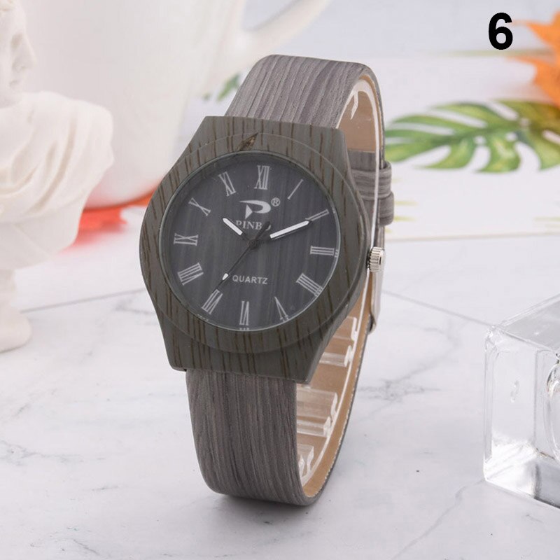 Mannen Vrouwen Quartz Horloge Pu Leer Hout Patroon Horloge Student Sport Casual Horloges NOV99: Color 6