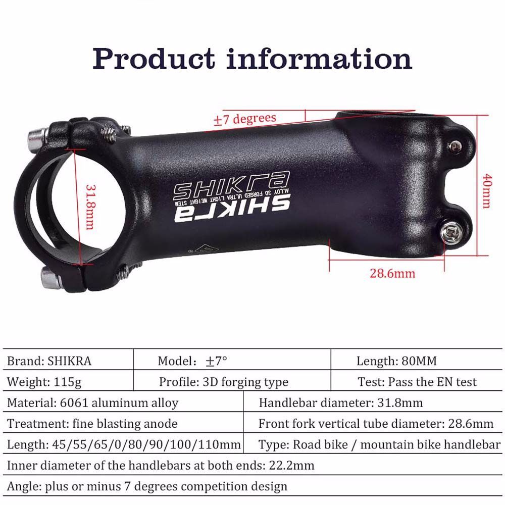 318mm Bike Stem 7 Degree MTB Road Mountain Bike Handlebar Stem 35/45/55/60/65/70/80/90/100/110mm Bicycle Power Parts
