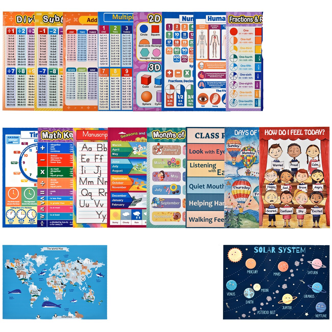 18pcs Educational Math Posters with Glue Point Dot for Elementary Middle School Classroom Teach Multiplication: Default Title