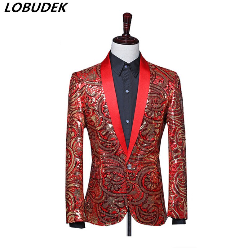 Chaquetas de traje de escenario para hombre, bléiser de lentejuelas Vintage en azul y rojo, abrigo Delgado a la , chaqueta de presentación para actuaciones nocturnas