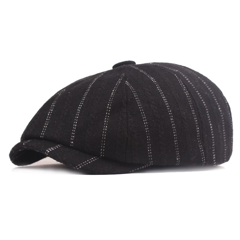 Men&#39;s Newsboy Cap Vintage White Stripe Octagonal Hat Spring Autumn Men&#39;s Brand Caps Wool Men Women Driver Cap Beret Male BLM400: black