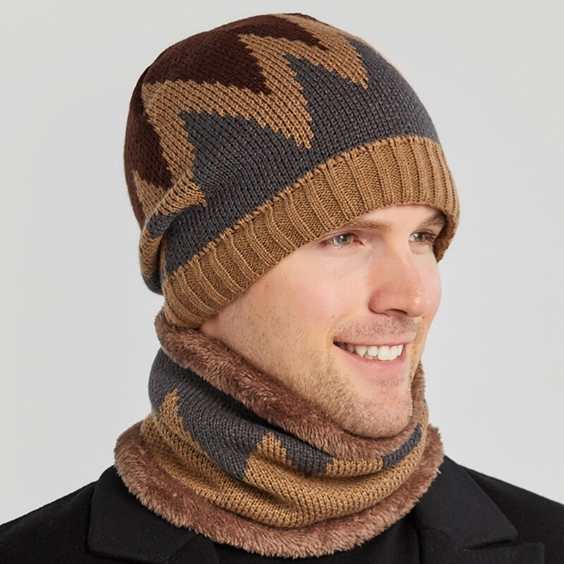 2Pcs Men Winter Flame Pattern Knitted Beanie Hat Circle Scarf Set Outdoor Cycling Windproof Thicken Plush Lined Skull Cap H05D