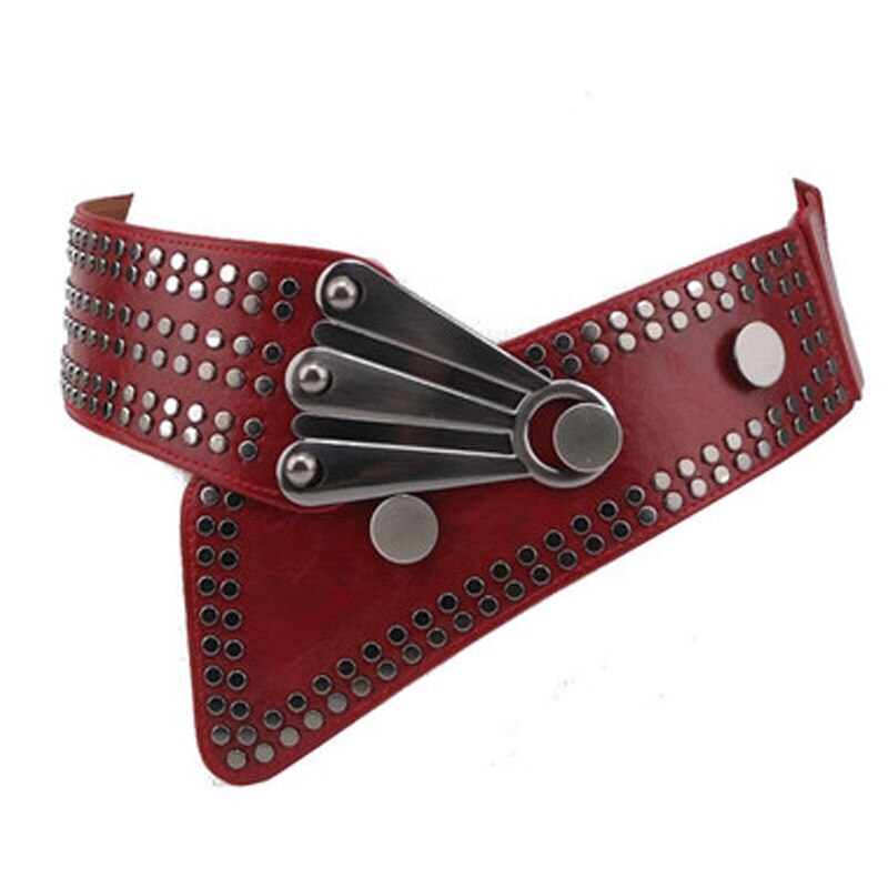 Black Leather Cummerbunds Female Woman Belt Punk Wide Women'S Belts Punk Rivet Stretchy Dress Waistbands Lady For Dress: Red