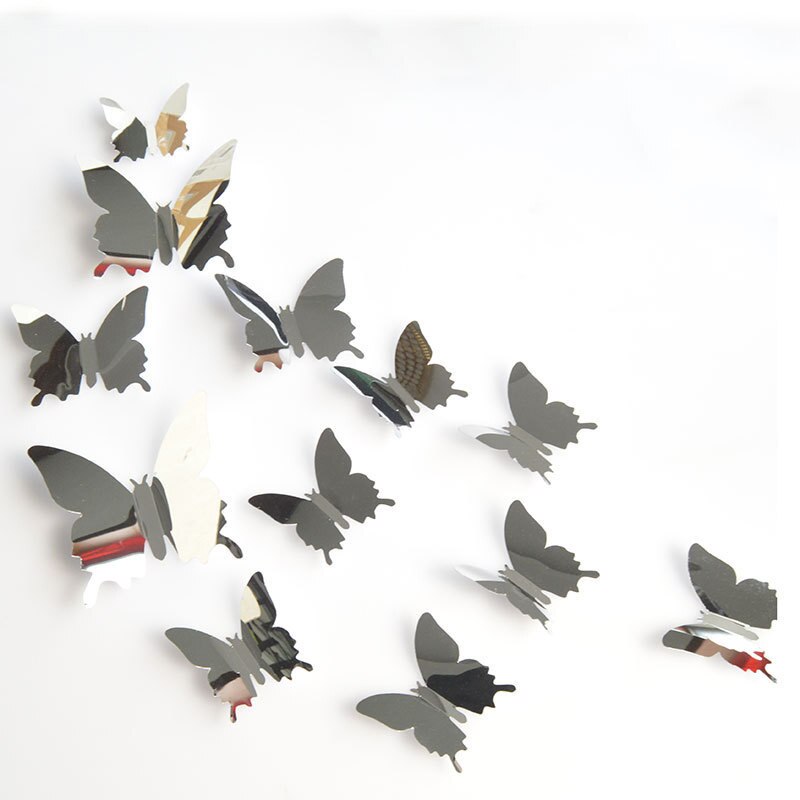 12PCS 3D Butterfly Wall Sticker Three-dimensional Simulation Mirror Texture Home Living Room TV Background Decoration Sticker: Silver