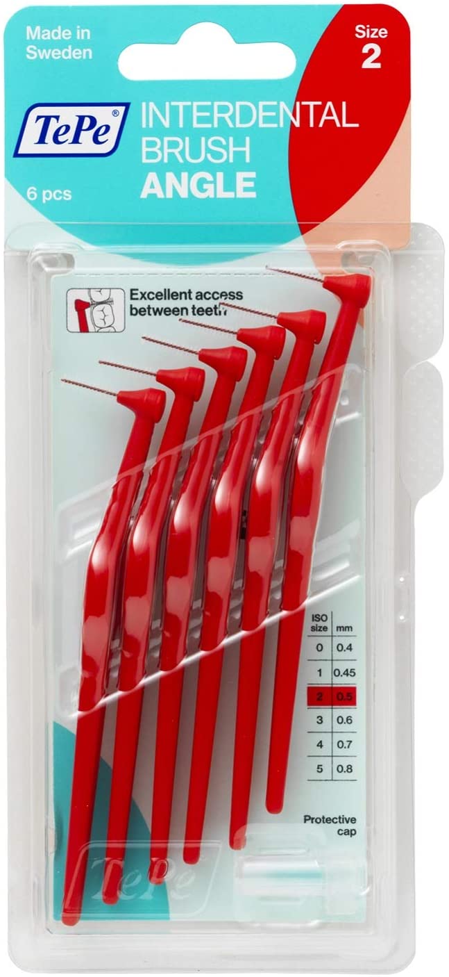 TePe Angle™ Interdental Brushes Every Size Interspace Cleaning With Long Handle Between Teeth Braces Toothbrush 6 Brushes: 0.5mm - Size 2 Red