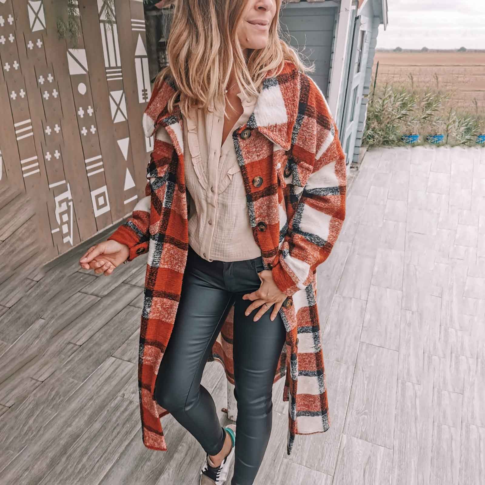 Ladies Lapel Plaid Print Long Coat Women Lattice Turn Down Collar Buttons Pockets Long Sleeve Jacket Loose Jackets Top #T2G: B / S