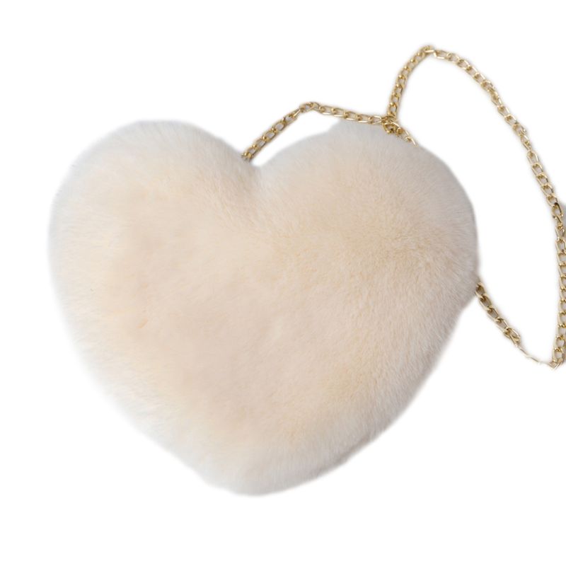 femmes en forme de coeur fausse fourrure bandoulière portefeuille sac à main chaîne sac à bandoulière dame sac à main: Beige