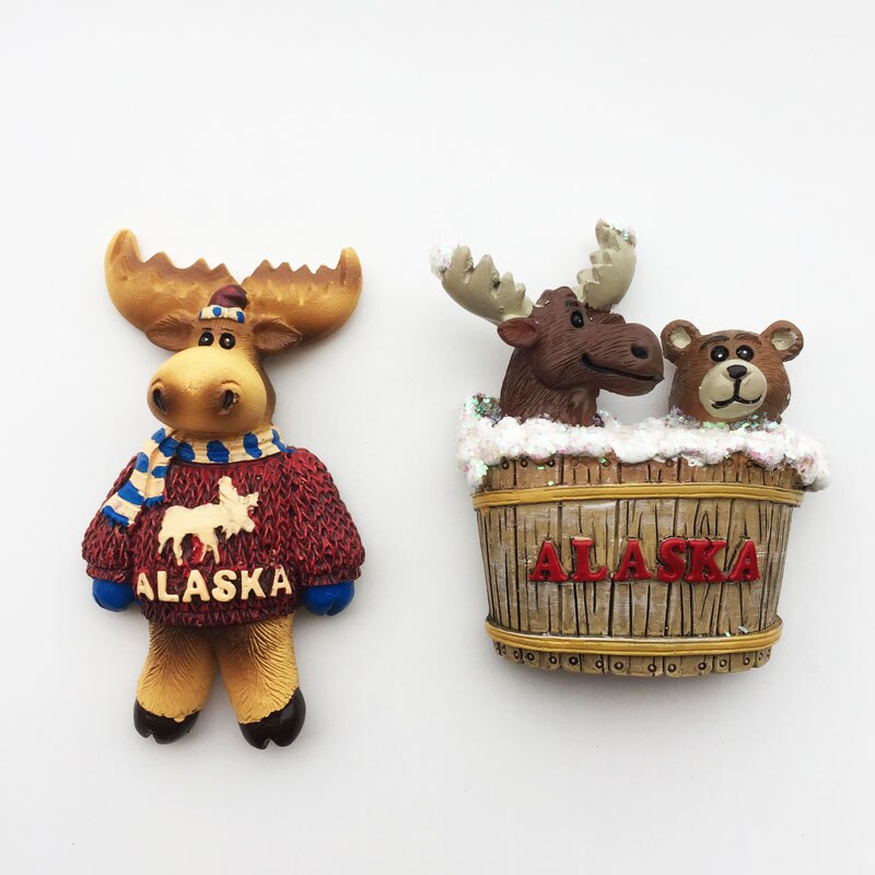 USA Alaska 3D Cartoon Bear &amp; Milu deer Fridge Magnets Tourism Souvenir Refrigerator Magnetic Sticker Collection