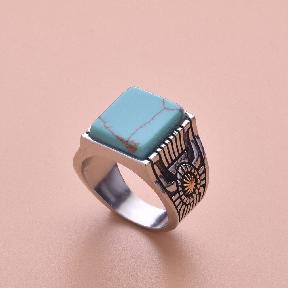 Boho Stamm Geometrische Platz Türkisen Verkrustete Stein Ringe Jahrgang Antike Handgemachte Geschnitzte Blume Ringe Indische Schmuck: 10