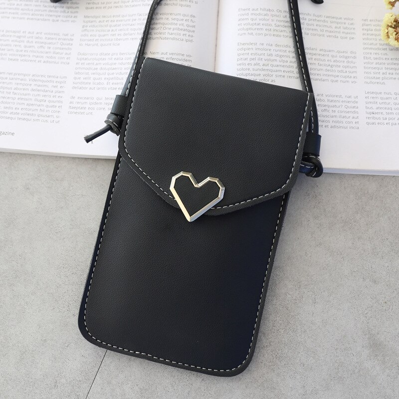 Kvinders berøringsskærm mobiltelefon pung gennemsigtig simpel taske hasp cross tegnebøger smartphone læder skulder lys håndtasker: Sort