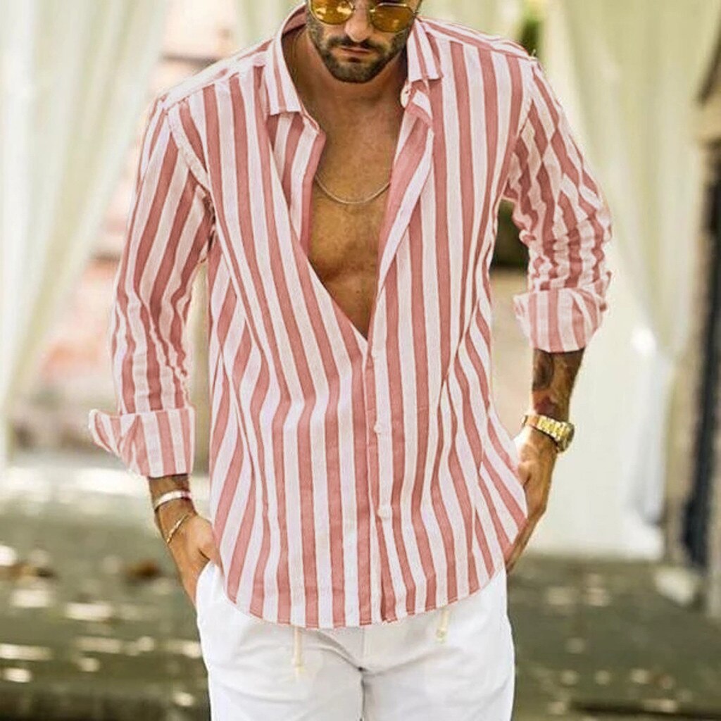 Men Fashio Vertical Striped Slim Fit Long Sleeve Casual Button Down Dress Shirts
