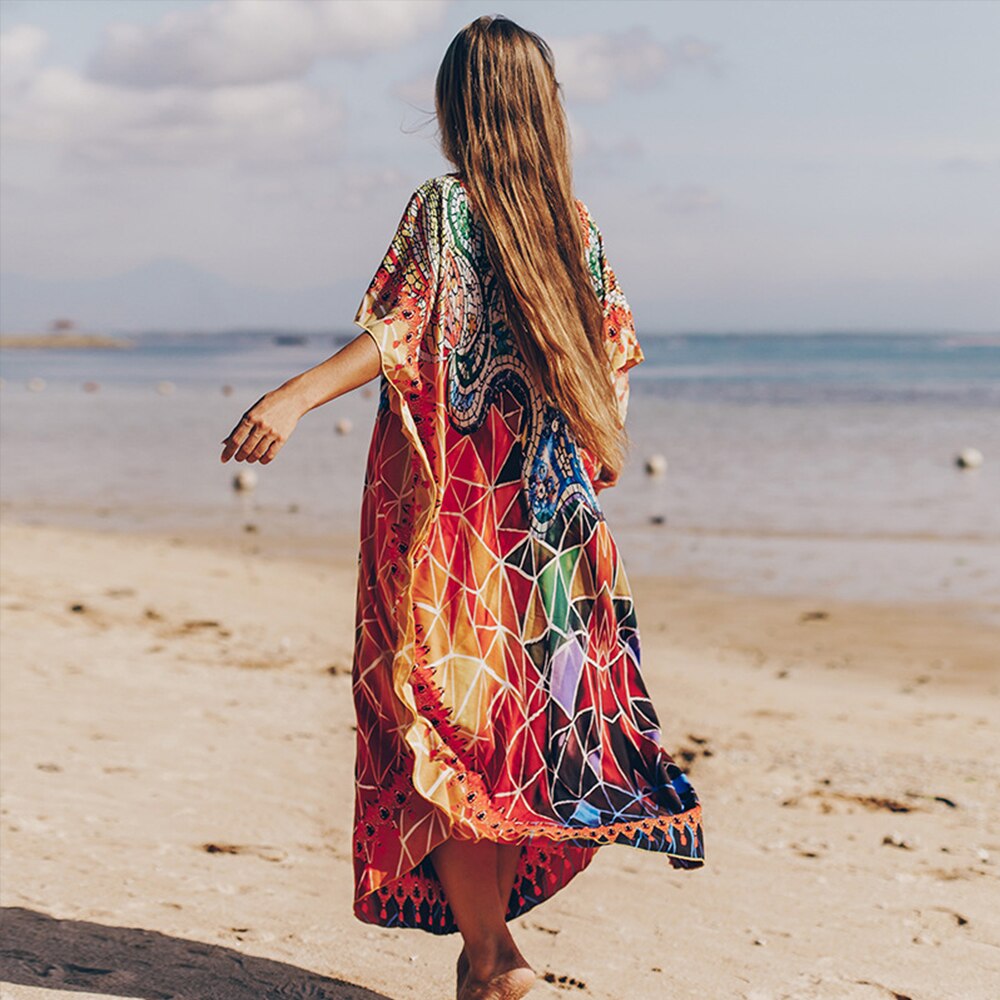 Bohemian geprinte strand maxi-jurk snel drogend lange tuniek dames strandbedekking v-hals vleermuismouwen oversized strandkleding kaftan
