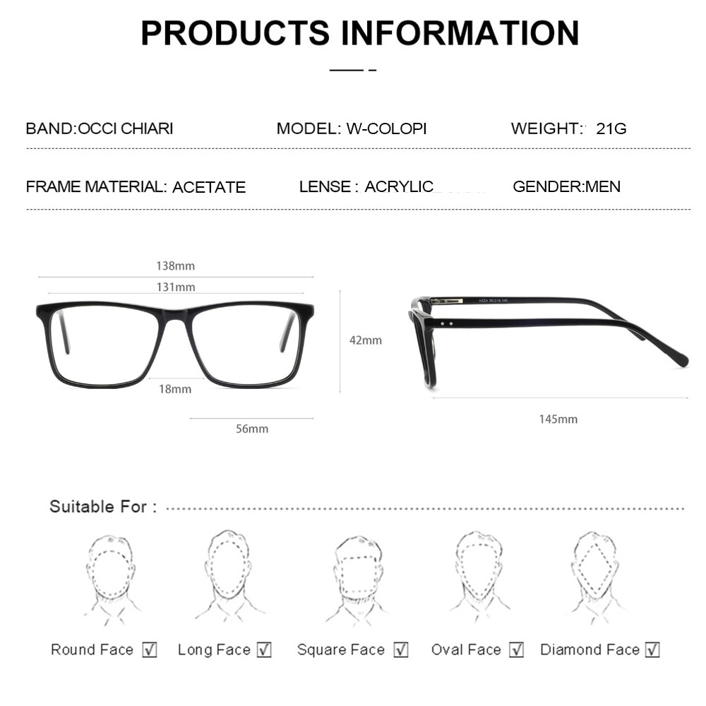 OCCI CHIARI Computer Glasses Frame Men Optical Eyeglasses frames Clear Lens blue light Gaming Eyewear Prescription Male