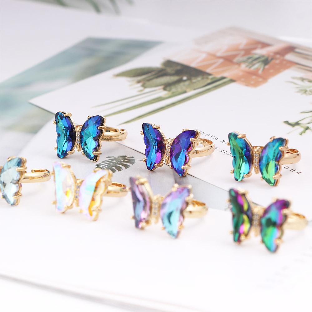 Adjustable Women Girls Korean Crystal Butterfly Open Ring Jewelry Finger Rings