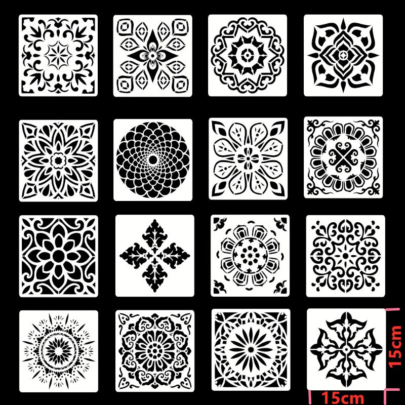 Plantillas de Mandala para pintar, 15x15cm, DIY, para dibujo, álbum de recortes, plantilla de pared, para azulejos de suelo de madera, plantilla de Arte de tela, 16 unids/set por juego: 8FP600620
