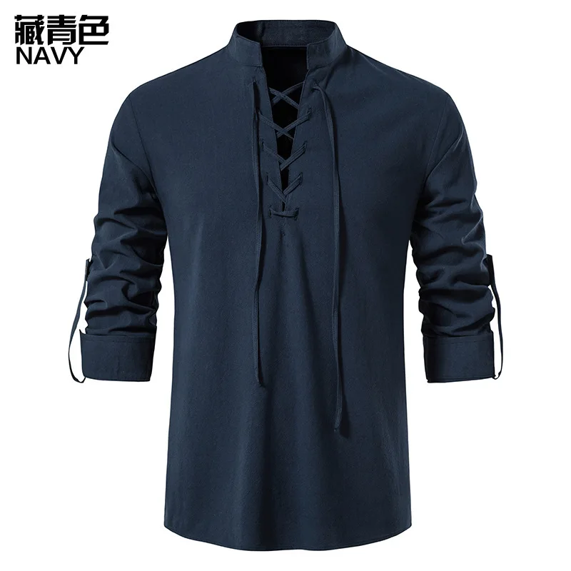 Novos Homens Decote Em V Camisa T-Shirt Moda Vintage Fino Top Manga Longa Homens Casual Respirável Viking Frente Lace Up Ho