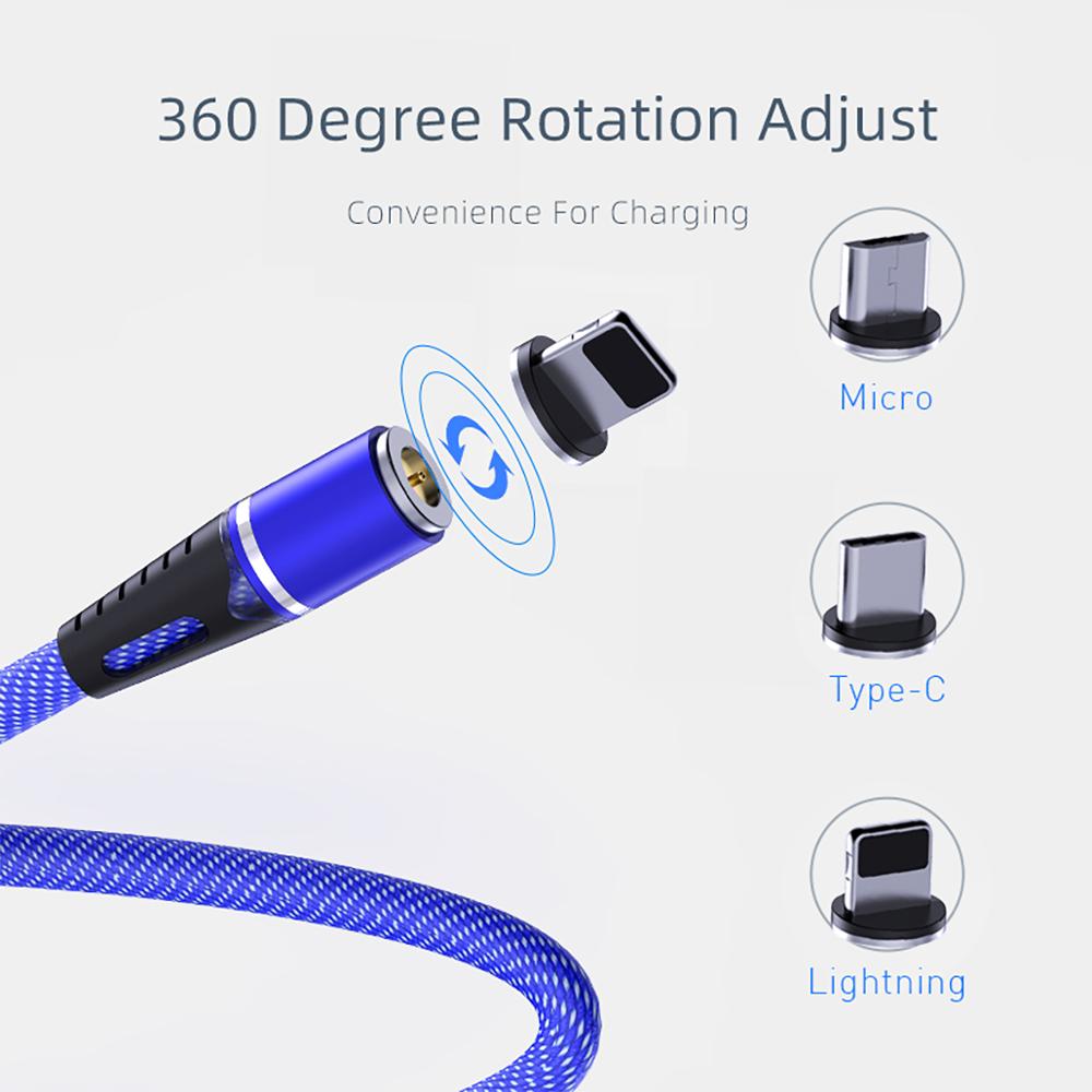 Awei led magnetische kabel 3 in 1 oplaadkabel snel 360 graden type c usb-kabel micro usb magnetische oplader snel voor mobiele telefoon
