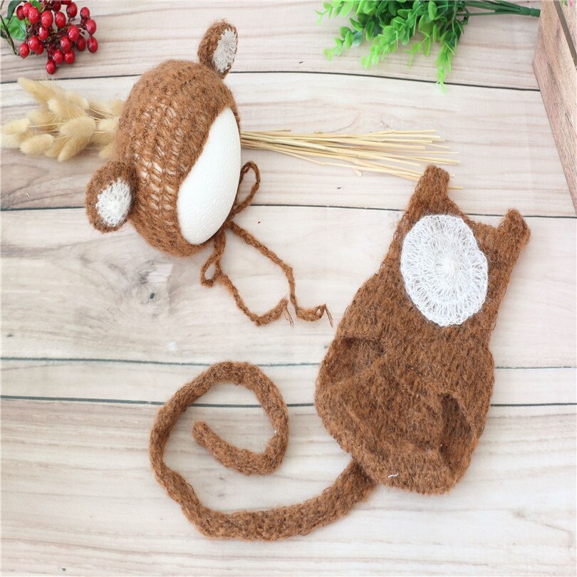 Lindo mono mameluco con larga cola recién nacido Niño sombrero y pantalones conjunto de ropa de bebé niña, Phoography accesorios Newbon traje