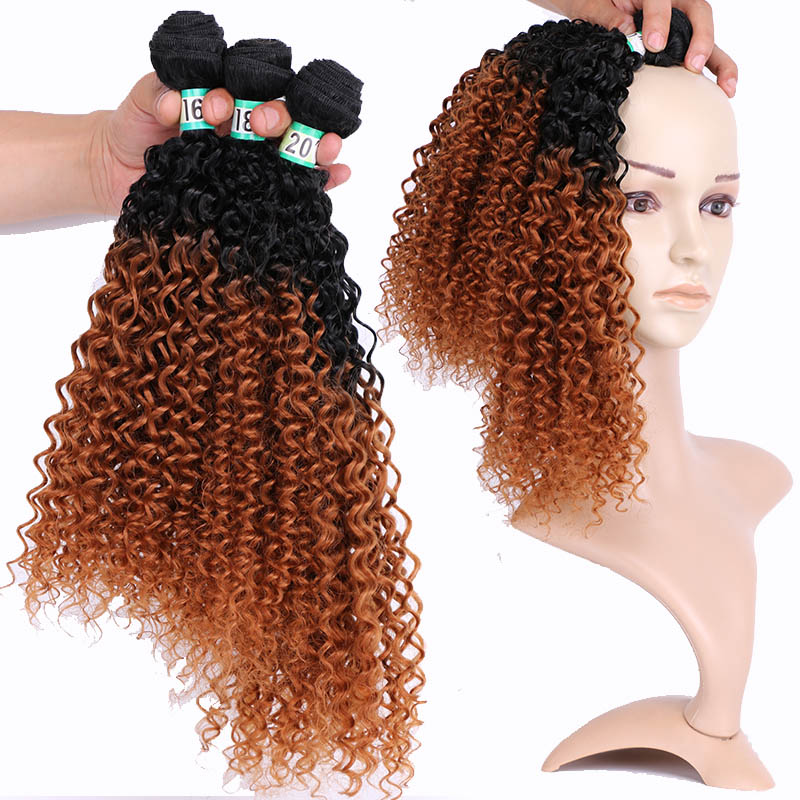 Extensiones de pelo rizado mechones de pelo sintético degradado, 3 unidades, un paquete, para cabello de una cabeza, tejido de sueño, hielo: T1B / 30