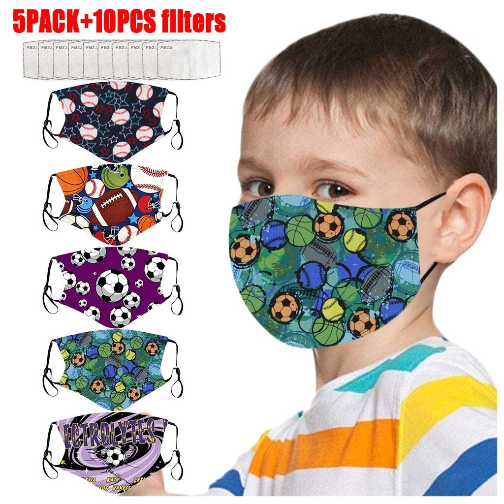 5Pcs Ski Fasemask Kids With 10Pcs Filter Reusable Football Print Breathable Mascarillas Cotton Washable Maskes Balaclava Cap Hat: L