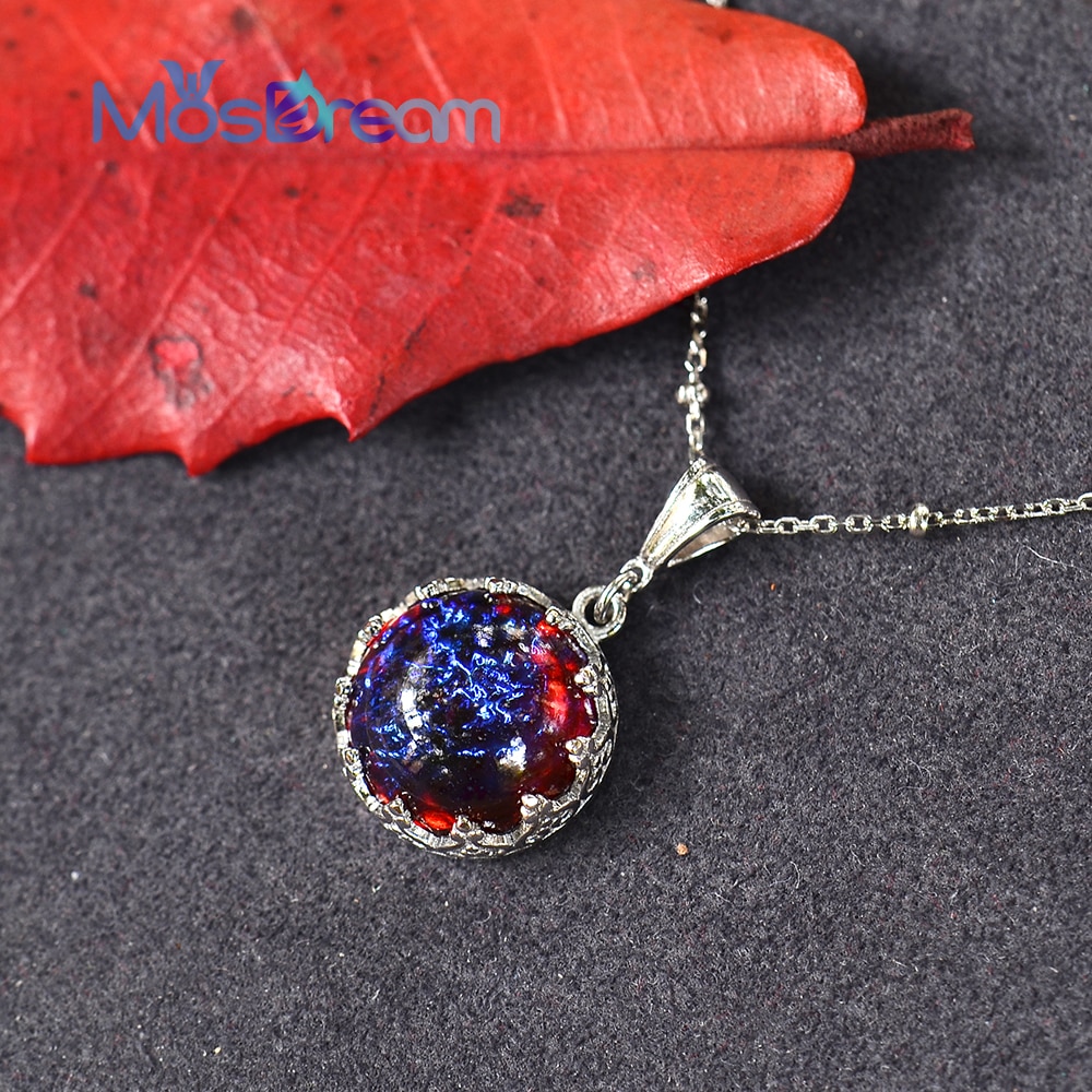MosDream Drachen Atem Anhänger Halskette Feuer Opal Runde Cabochon 13mm Jahrgang Elegante für Frauen Blau Licht Halskette