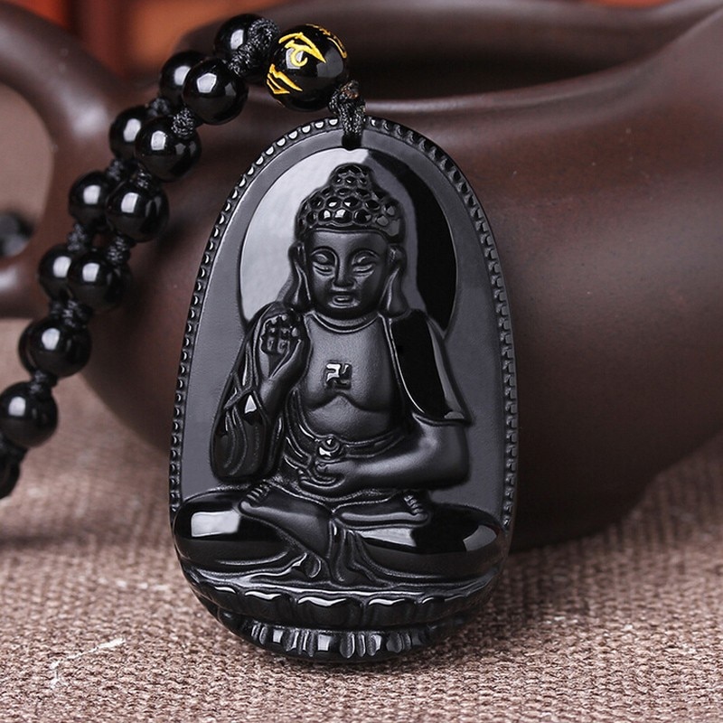 Pingente de buda obsidiana natural, colar de buda com miçangas e pingente de cabeça e pingente de buda para mulheres e homens