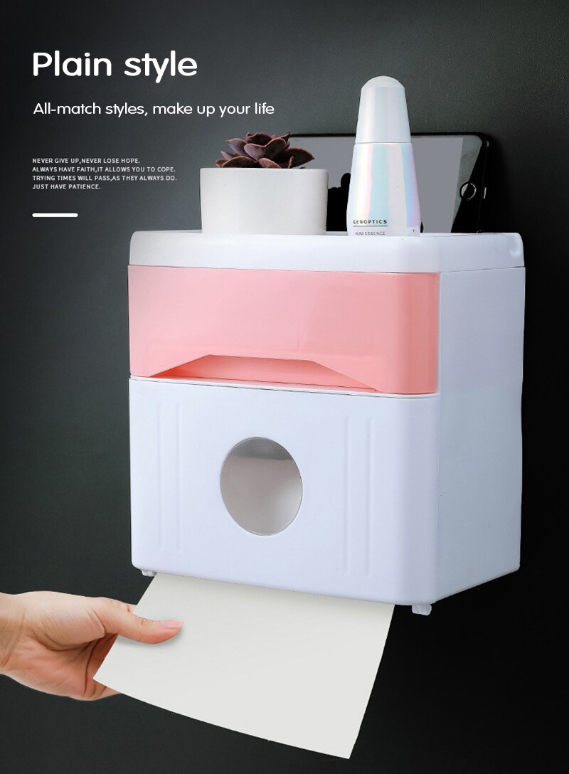 Wall Mounted Tissue Box Double-layer Push-opening Toilet Paper Holder With Drawer Mobile Phone Rack Home Improvement