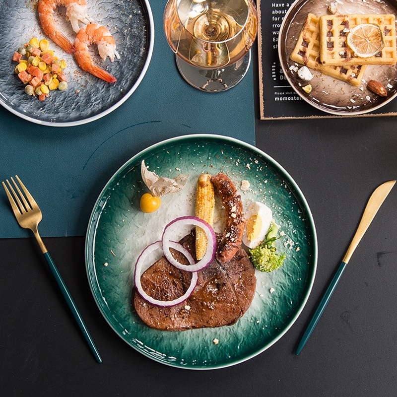 Stone pattern ceramic dinner round plate bone china dinnerware sets salad sushi dessert plate kitchen serving dishes sets