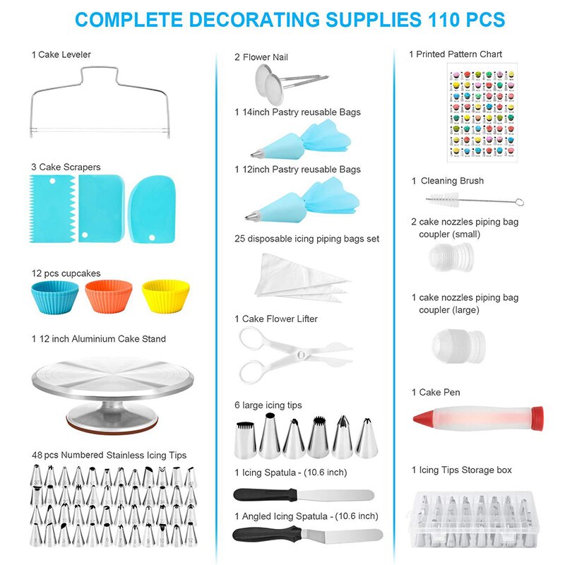 106-Piece Cake Tools Cake Decorating Supplies Kit Piping Bag Aluminum Turntable Russian Nozzle Reusable Cake Tools Set