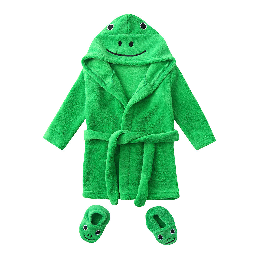 Spædbarn drenge piger tegneserie flannel badekåber hættetrøje nattøj + fodtøjstøj: Grøn / 12m