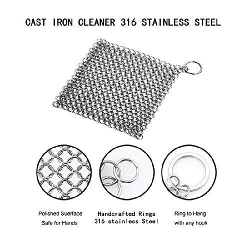 Cast Iron Cleaner 2 Pack- More Efficient Stainless Steel Chainmail Scrubber For Cast Iron Pan Pre-Seasoned Pan Dutch Ovens Waf