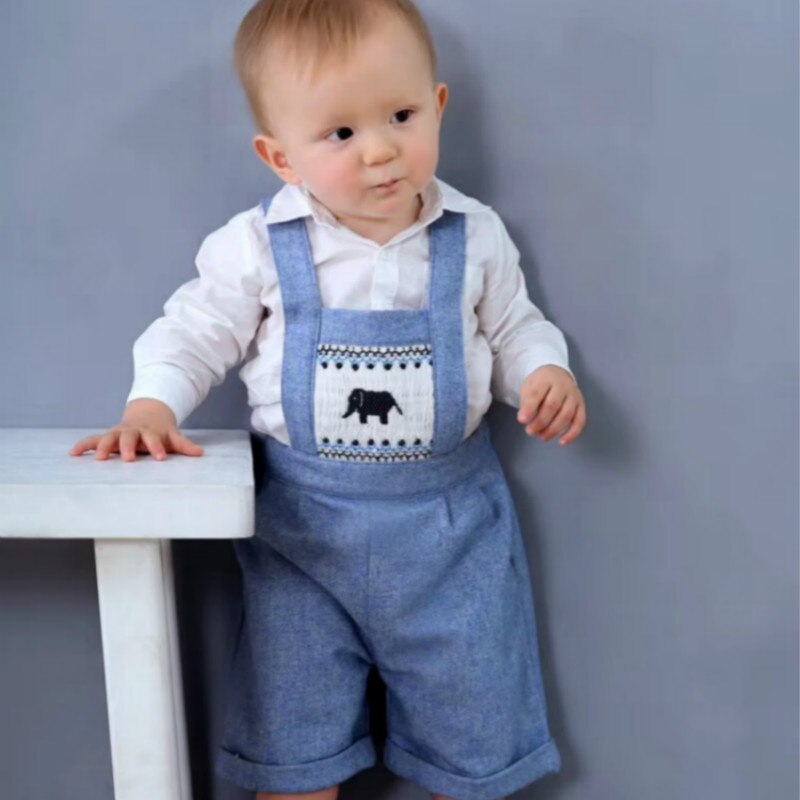 2019 efterår spanske boutique børnetøj uldbælter bukser + skjorte 2 stk baby britiske børnetøj 0-3 år gamle drengebukser: 3t