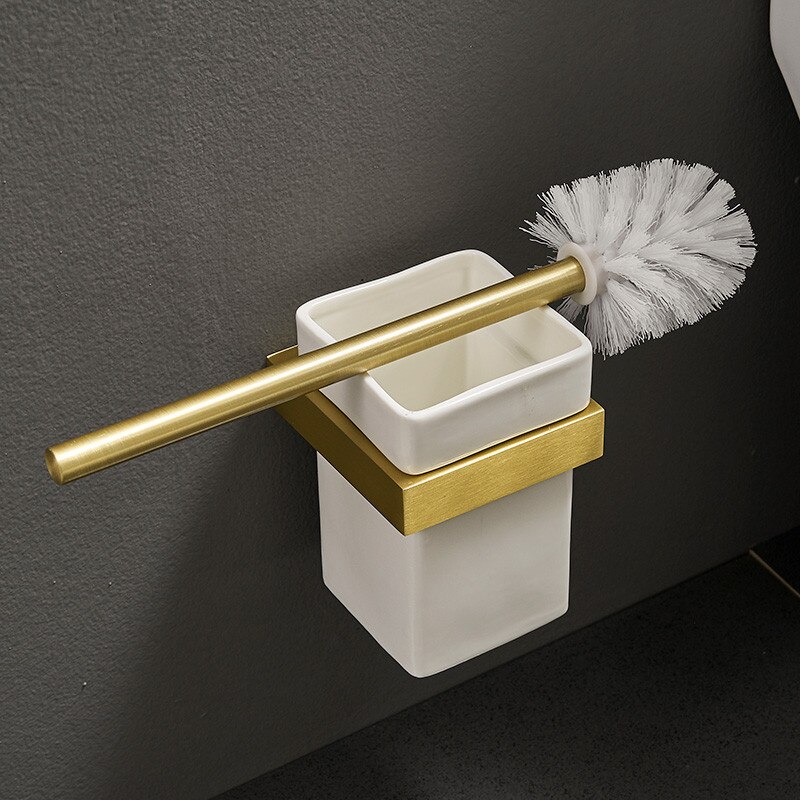 Toiletbørsteholder sæt aluminium børstet guld toiletbørsteholder rengøringsværktøj til badeværelset vægmonteret sømstanset