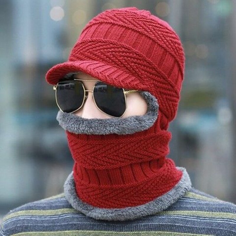 Fortykkelse strikket uldhue mænd vinter hat holde varm motorhjelm balaclava ansigtsmaske hatte kvinder beanie dobbelt brug hat & tørklæde: Rød