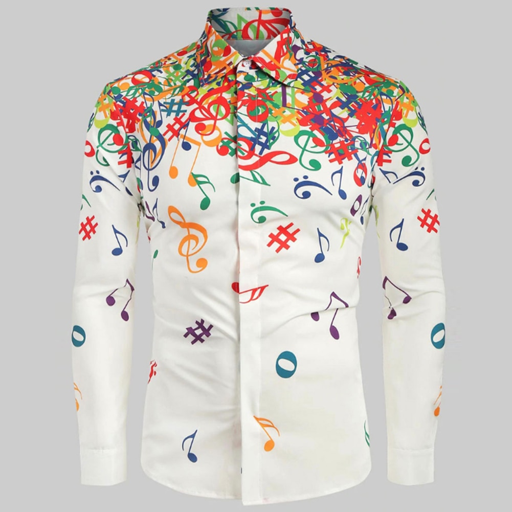 Casual Men Autumn Musical Symbols Print Long Sleeve Buttons Down Slim Shirt