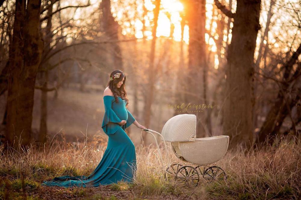 Stil barselsfotografering rekvisitter maxi graviditetskjole bomuld gravid kjole barsel fancy fotografering gravid kjole: Blå / L