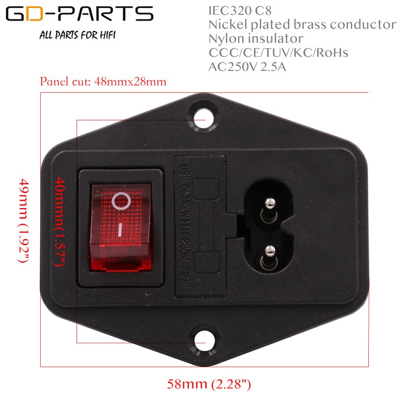 1PC IEC 320 C8 MAINS AC Power Socket Elektrische plug netsnoer inlaat Stopcontact Met ON OFF Rocker schakelaar CCC CE: GDPS0061-R