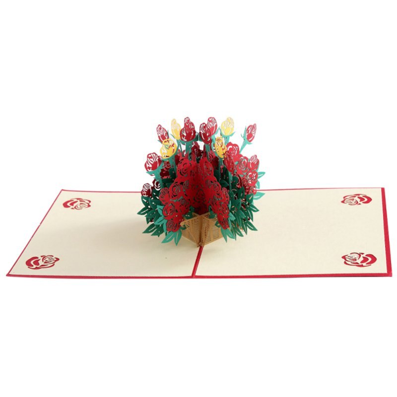 3D Pop-Up Cards for Girl Kids Wife Husband Romantic Red Flower Handmade Card Greeting Card Postcards Valentine's Day CardB: F