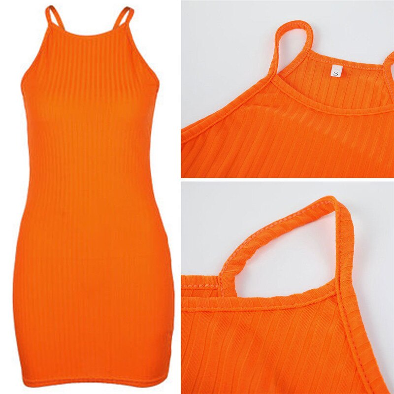 Vrouwen Sexy Zomer Mouwloze Slim Fit Korte Mini Gebreide Bodycon Halter Jurk Oranje Zwart Mode Jurken