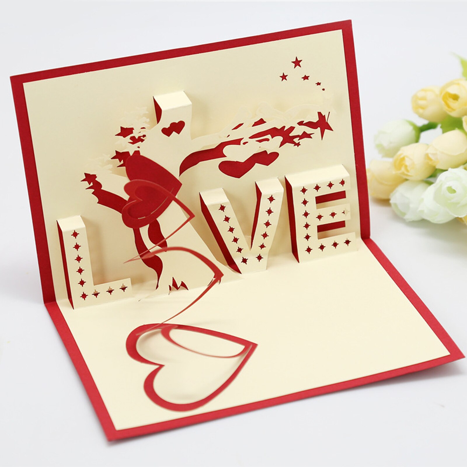 3D Paper Red Rose Flower Bouquet Pop Up Greeting Card with Envelope for Wedding Valentines Day Birthday Anniversary 15x15cm
