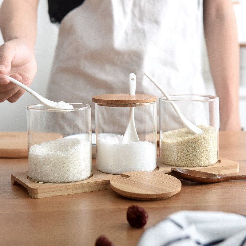 3 Stks/set Gl Kruidkruik Met Lepel Spice Container Organizer Kruiden Blikjes Peper Shaker Opbergdoos Met Lade Keuken