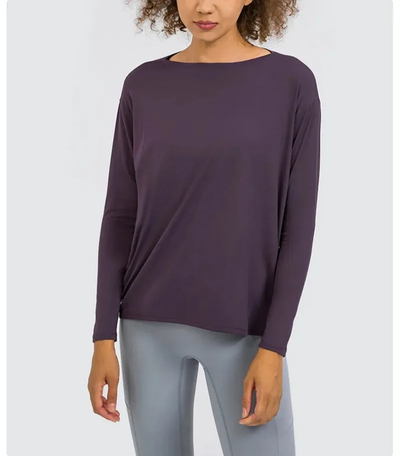 Løst yogatøj til kvinder til forår og efterår, nøgen og hudvenlig tynd fitnesssports-pendler-t-shirt med lange ærmer