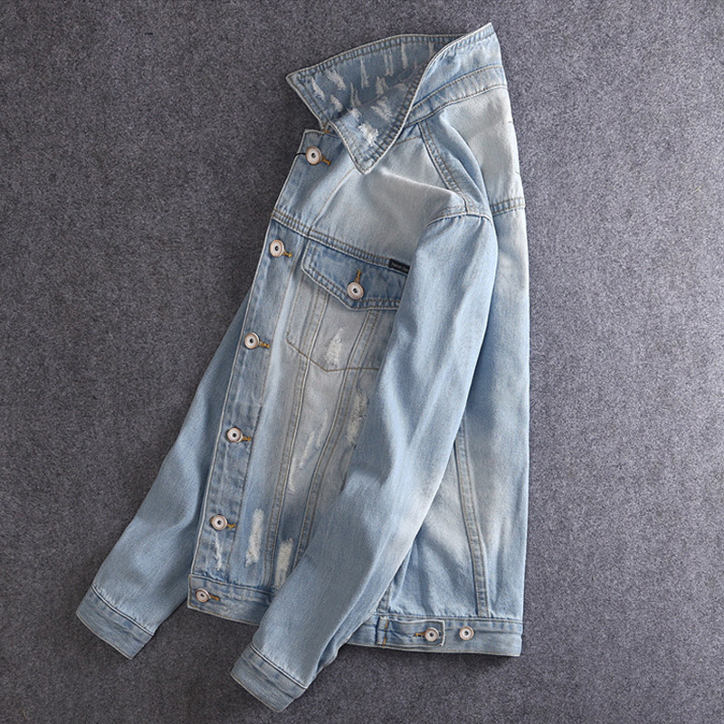 Japansk stil klassisk herrejakke lyseblå retro vask enkel dongerijakke herre bomullskåper streetwear hip hop jakke