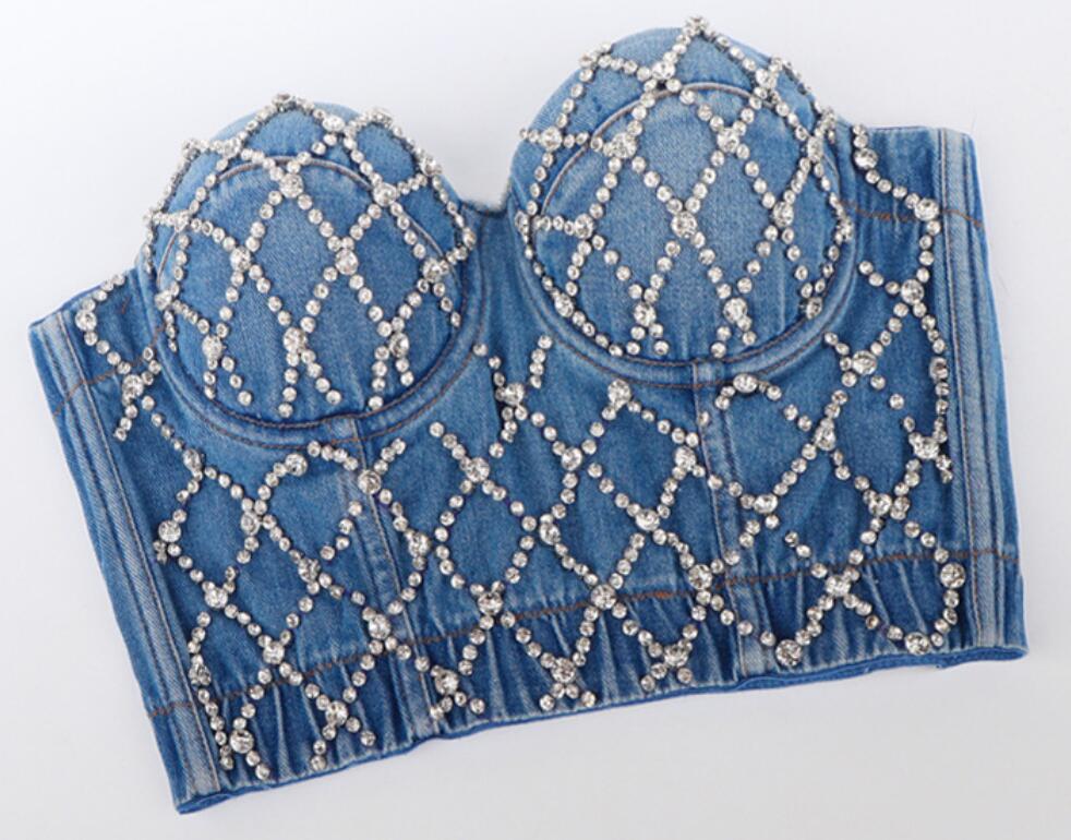 Denim diamantväst dam bustier bh nattklubb fest cropped top väst plus size handgjord väst diamant bh  p1262