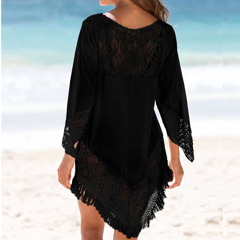 NODELAY Vrouwen Bikini Cover Up Kwasten Trim Strand Tuniek Jurk Wit Kant Splitsen Badmode Cover-Ups Anti-Uv kaftan Robe