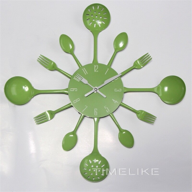 Cutlery Kitchen Clock Wall Copper Metal Spoon Fork Wall Decor Clocks Modern Art Horloge 3d Wall Clock 2022: green