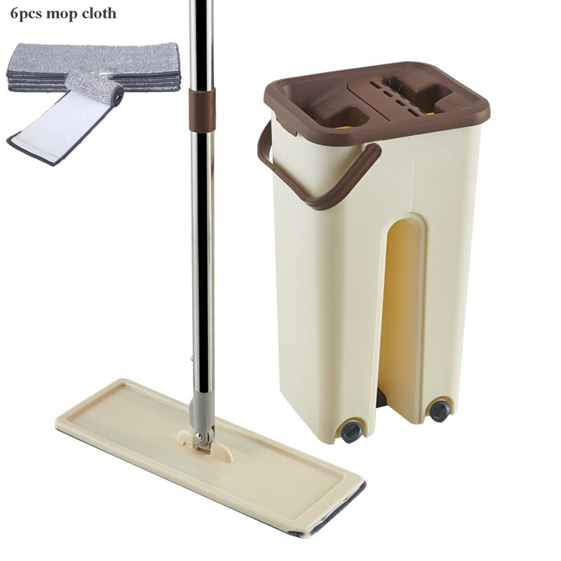 Flat Hand Free Wringing Squeeze Mop with Bucket Floor Cleaning Mop of Microfiber Mop Cloth Wet Dry For Kitchen Tile Wooden Floor: beige 6 mob cloth
